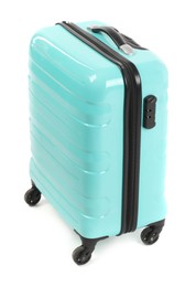 Photo of One light blue suitcase isolated on white