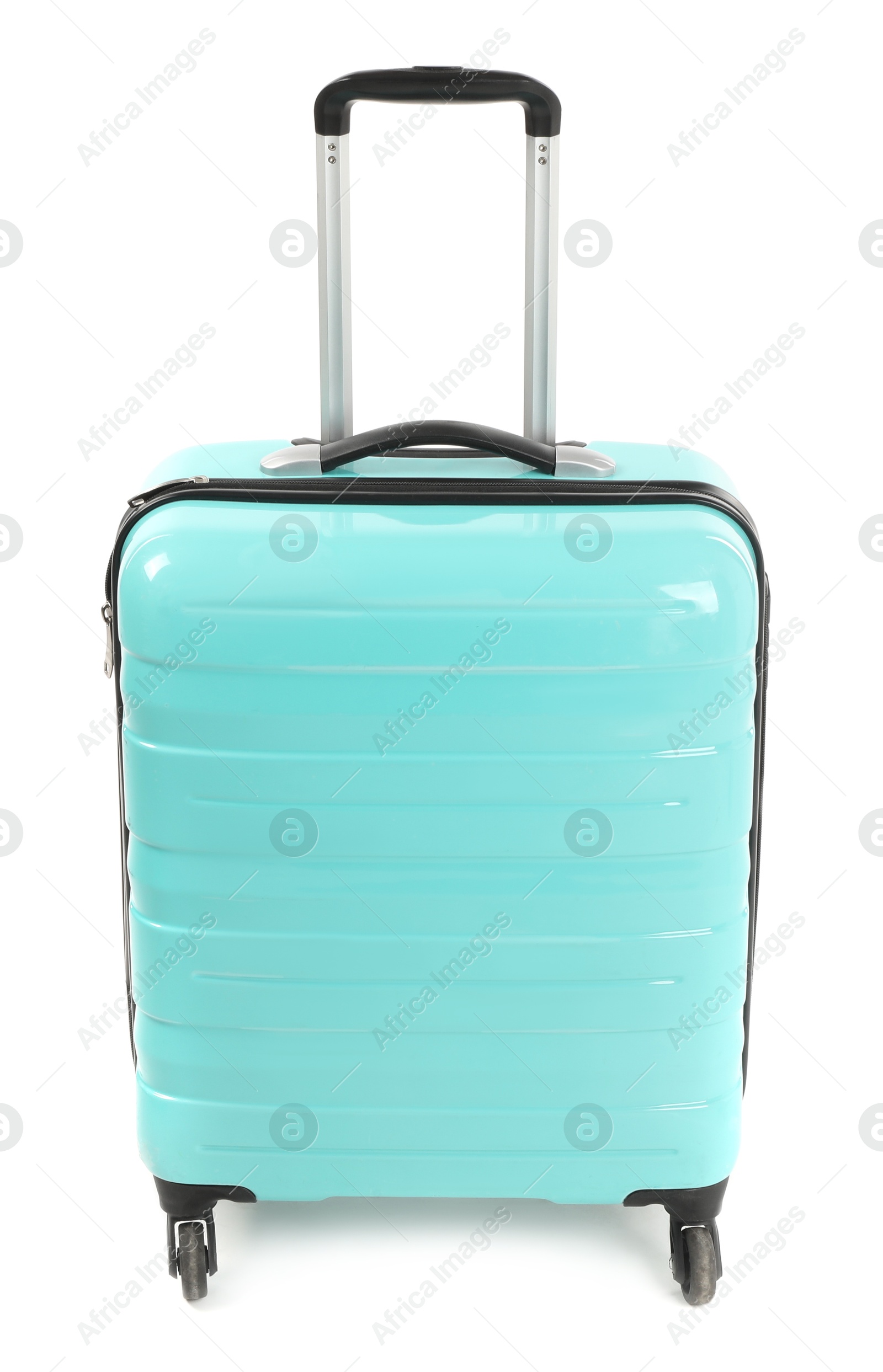 Photo of One light blue suitcase isolated on white