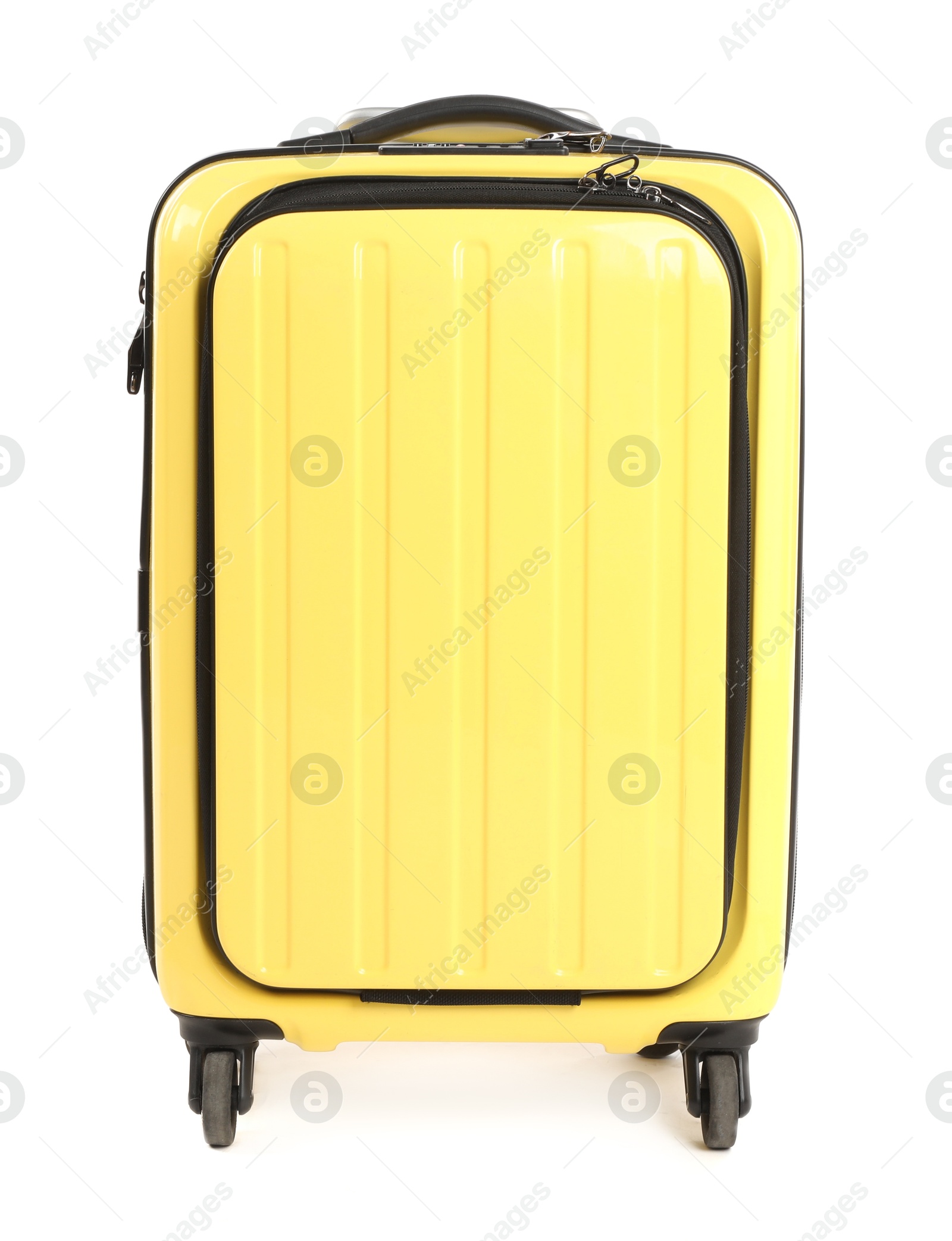 Photo of One new yellow suitcase isolated on white