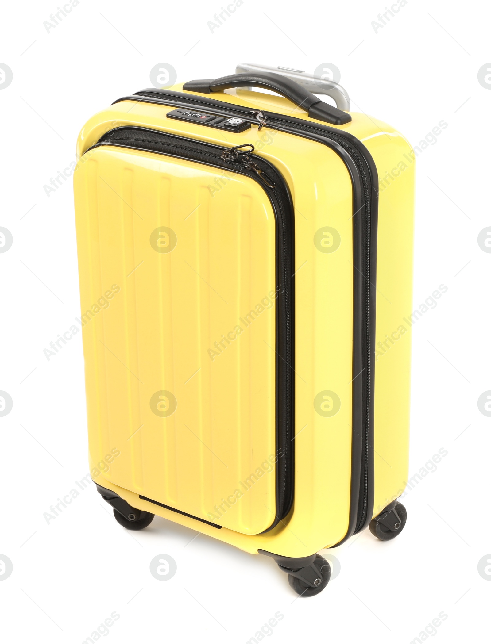 Photo of One new yellow suitcase isolated on white