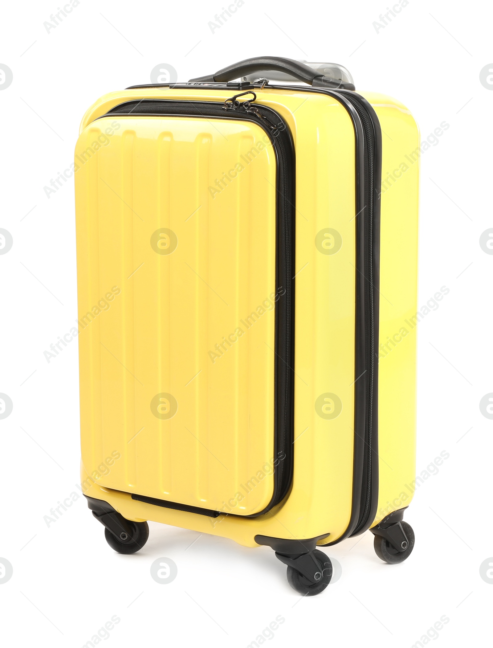 Photo of One new yellow suitcase isolated on white