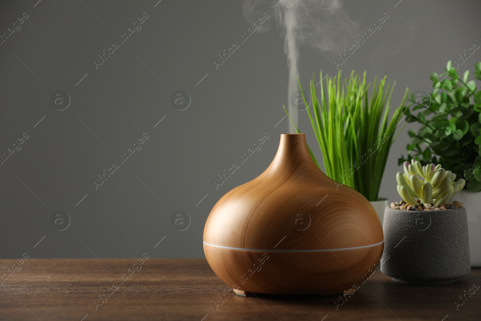 Photo of Aroma oil diffuser and houseplants on wooden table, space for text