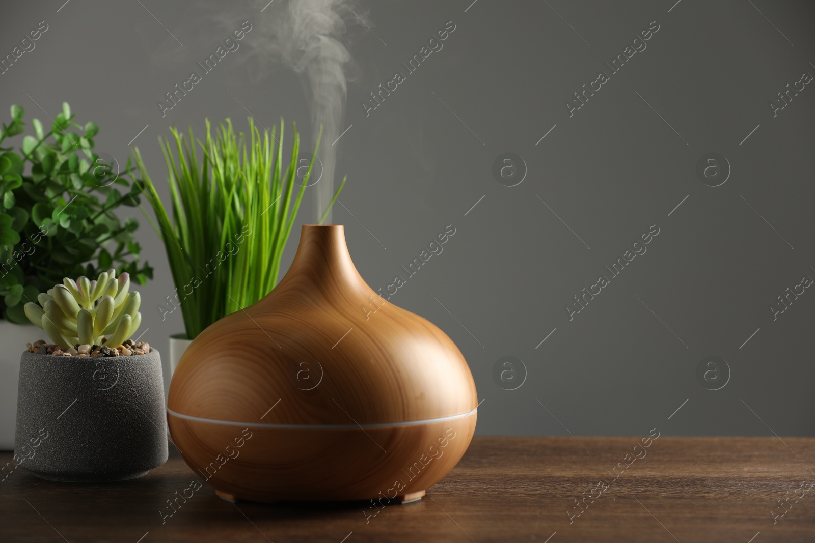 Photo of Aroma oil diffuser and houseplants on wooden table, space for text