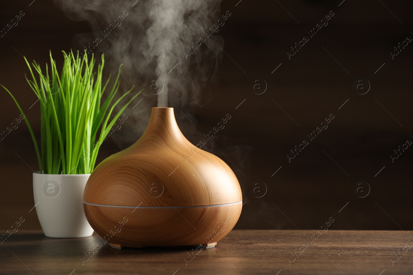 Photo of Aroma oil diffuser and plant on wooden table, space for text