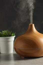 Aroma oil diffuser and plant on light grey table, closeup