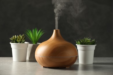 Aroma oil diffuser and houseplants on light grey table