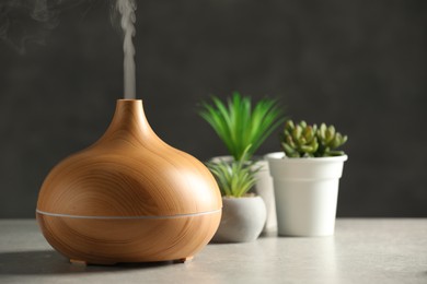 Photo of Aroma oil diffuser and houseplants on light grey table