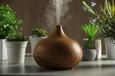 Aroma oil diffuser and houseplants on light grey table