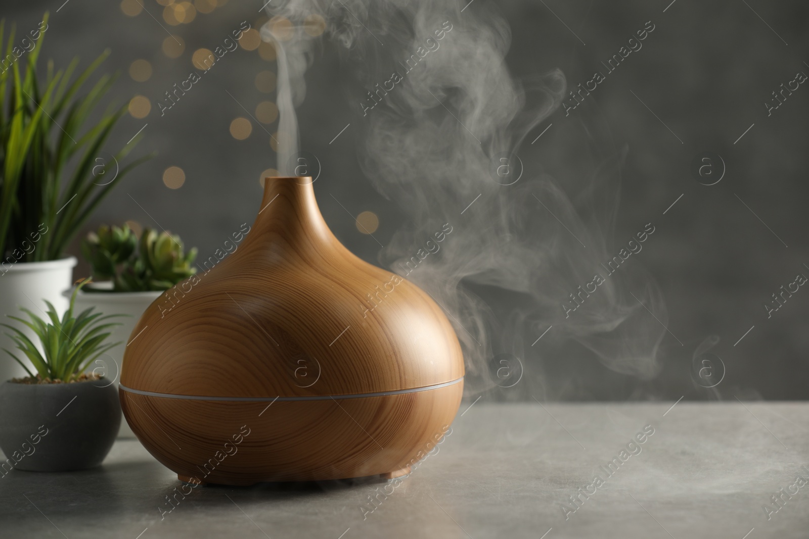 Photo of Aroma oil diffuser and houseplants on light grey table, space for text