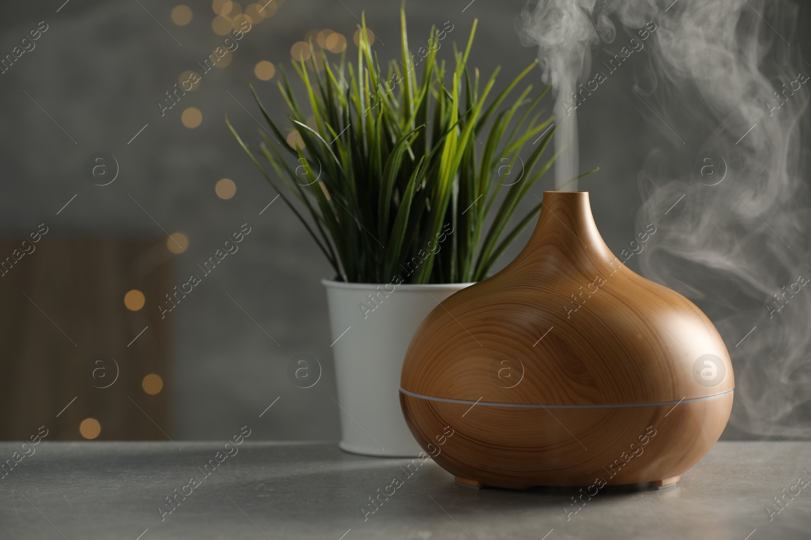 Photo of Aroma oil diffuser and plant on light grey table, space for text