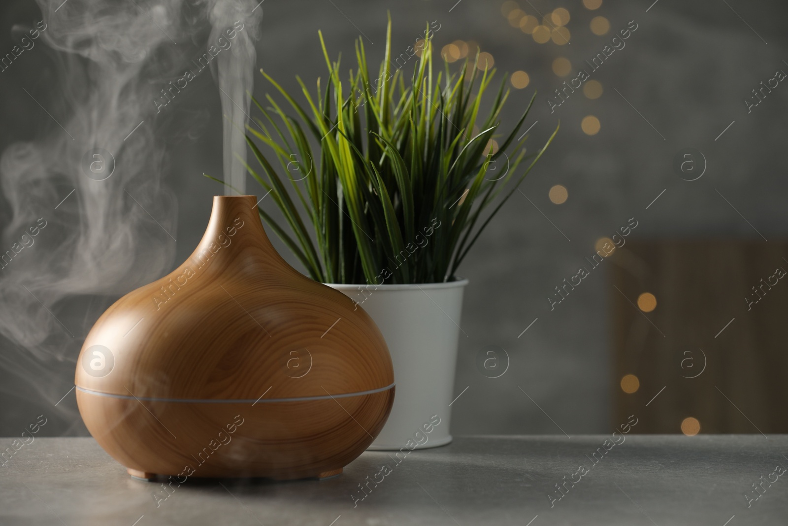 Photo of Aroma oil diffuser and plant on light grey table, space for text