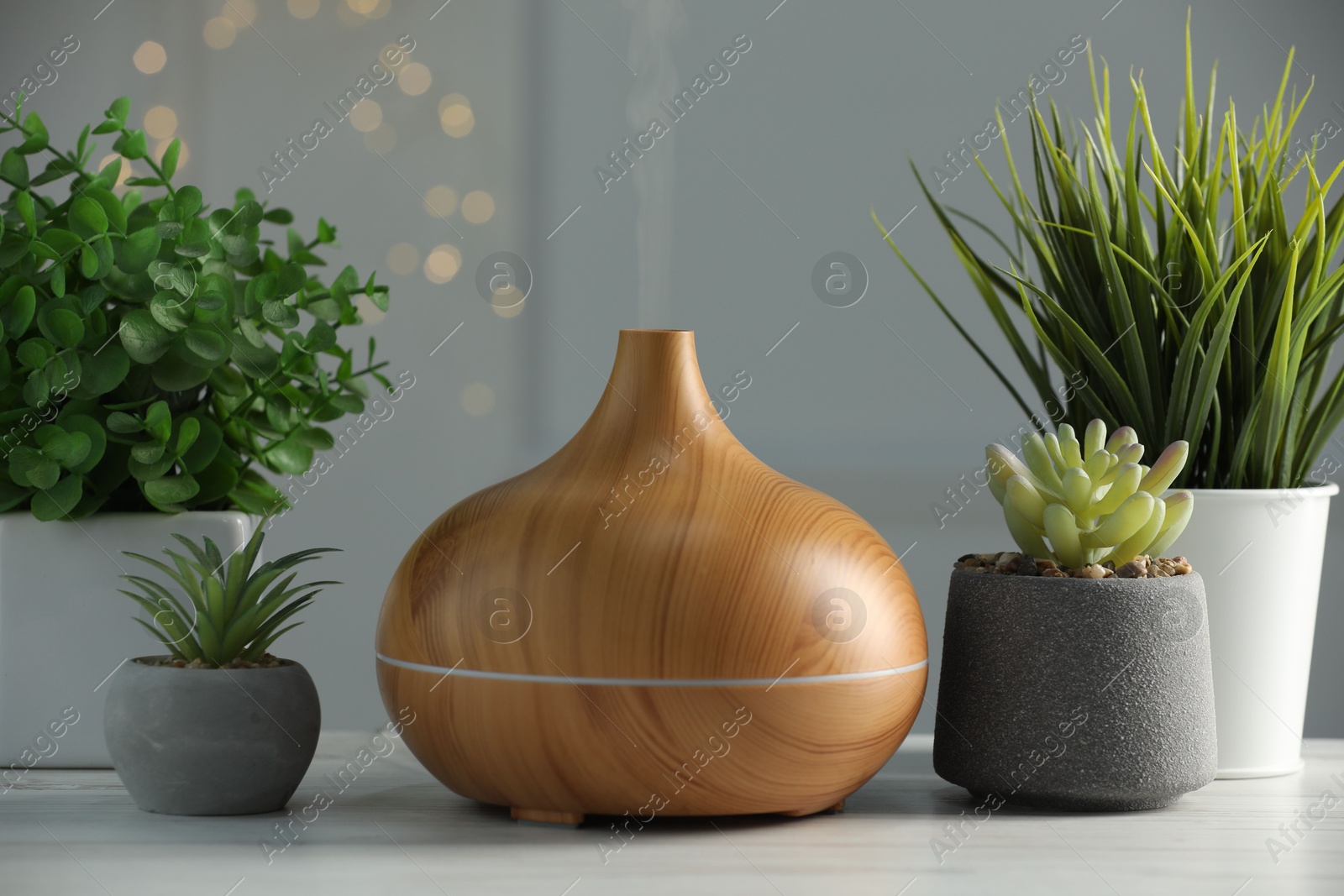 Photo of Aroma oil diffuser and houseplants on white wooden table