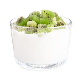 Photo of Tasty yogurt with fresh kiwi in glass isolated on white