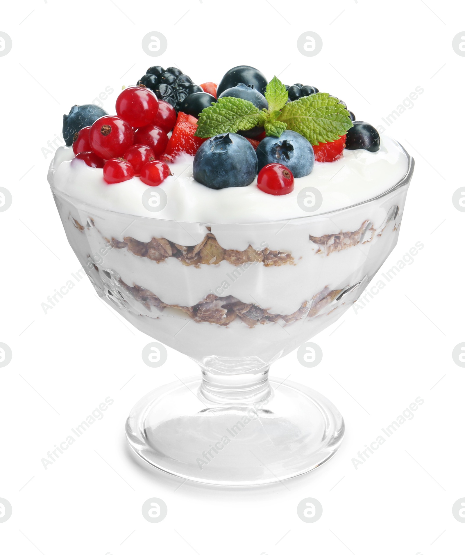 Photo of Tasty yogurt with fresh berries and mint in glass dessert bowl isolated on white