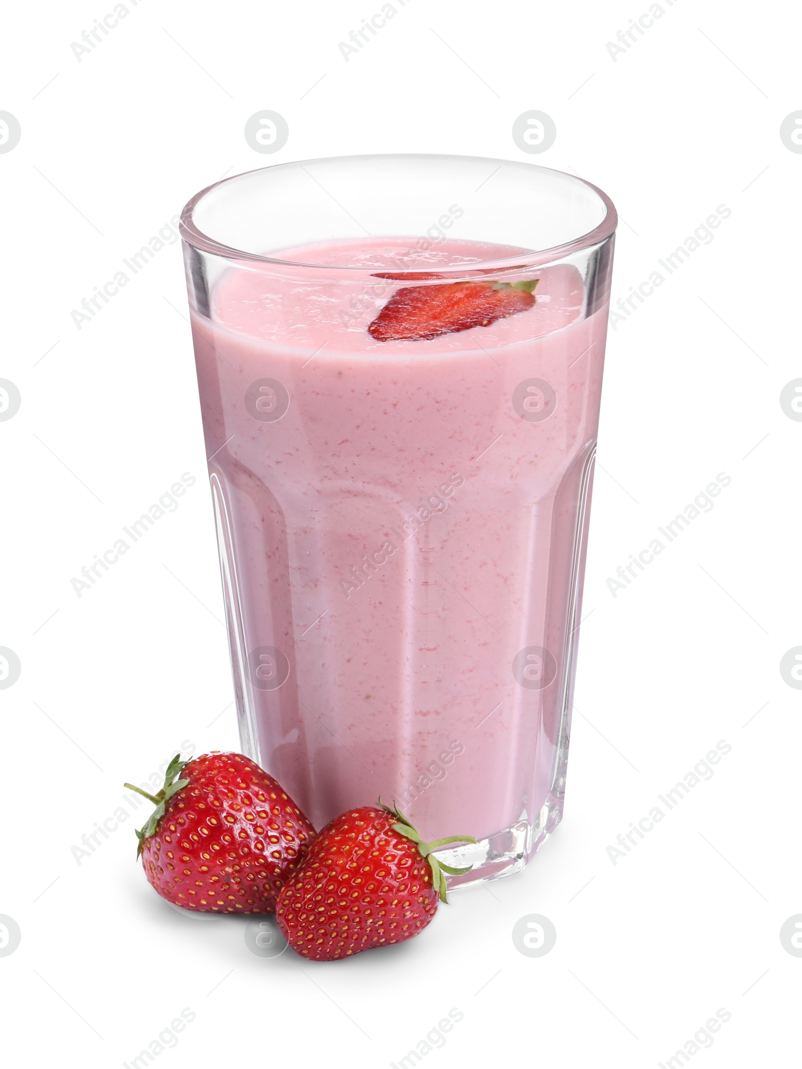 Photo of Tasty yogurt in glass and fresh strawberries isolated on white