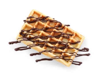 Photo of Delicious Belgian waffle with melted chocolate isolated on white, top view