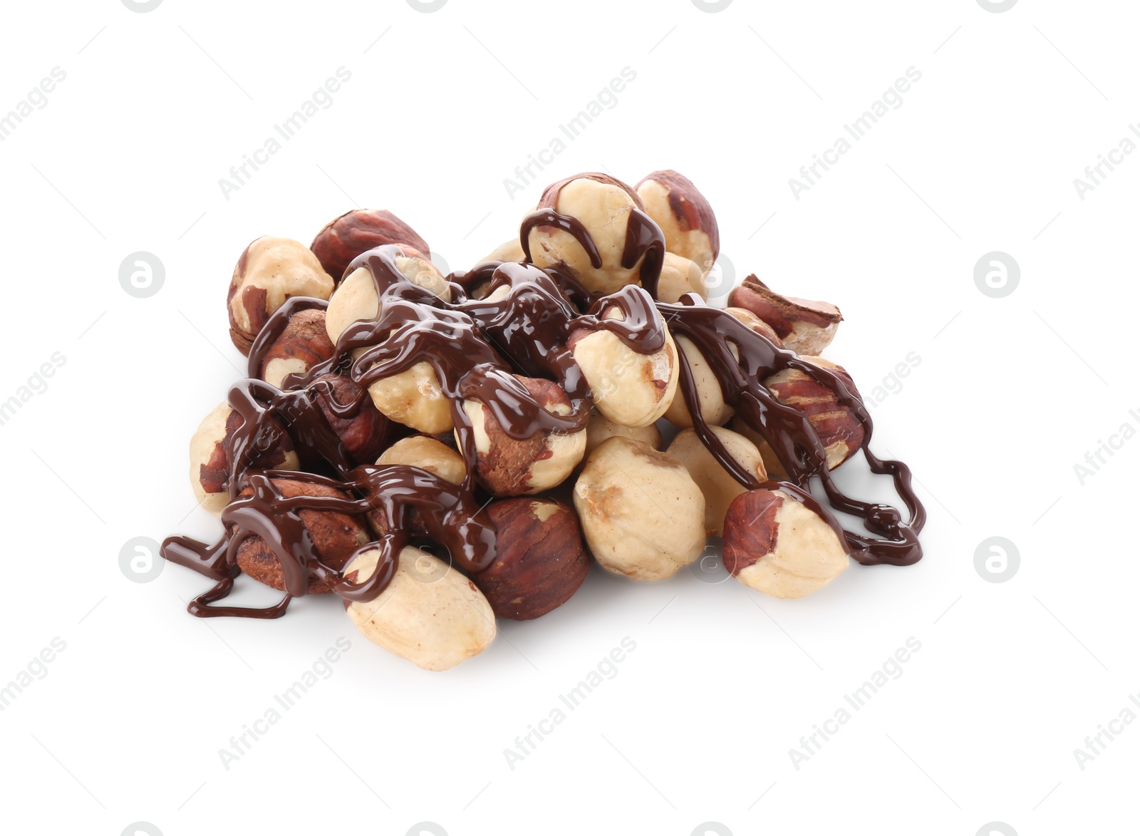 Photo of Hazelnuts with melted chocolate isolated on white