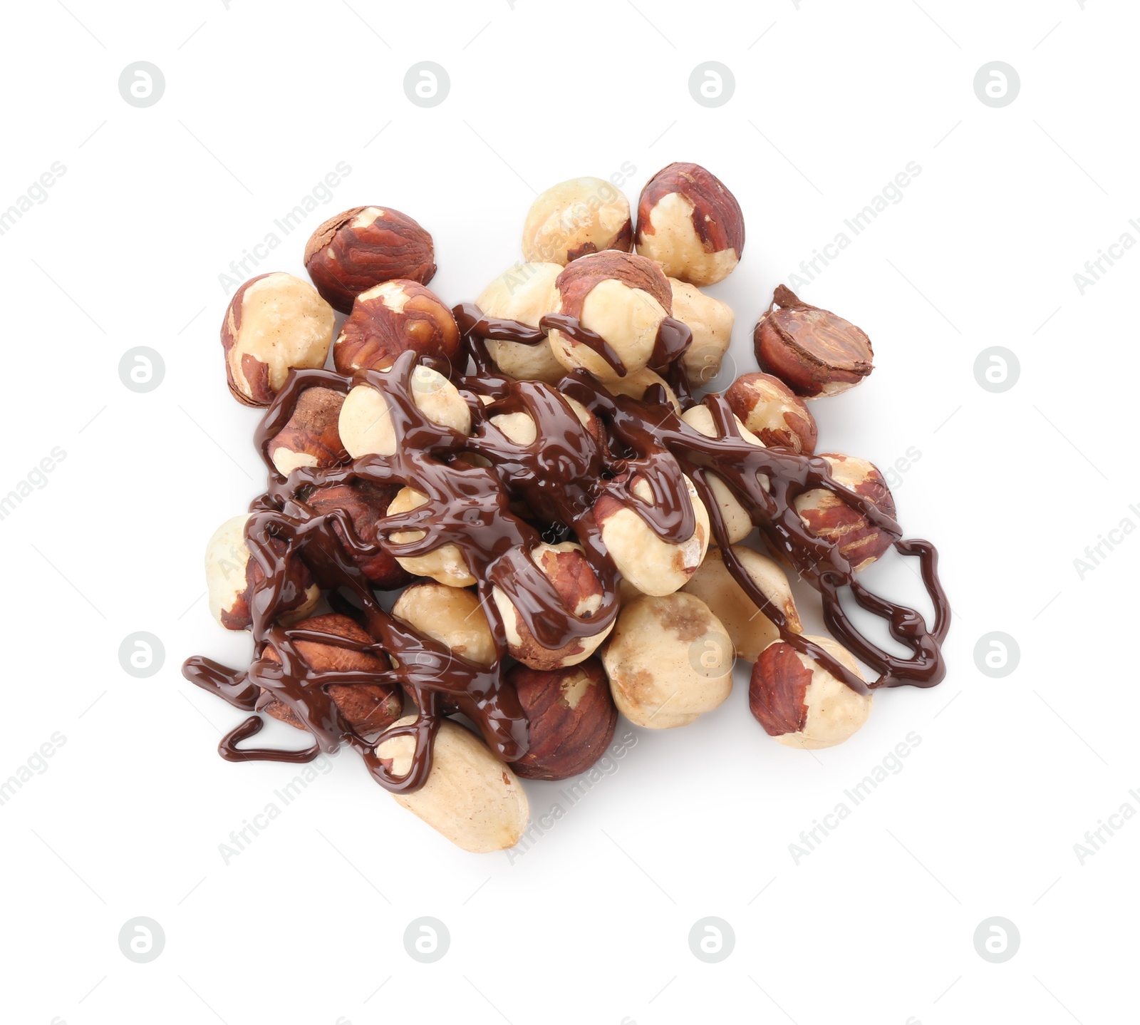 Photo of Hazelnuts with melted chocolate isolated on white