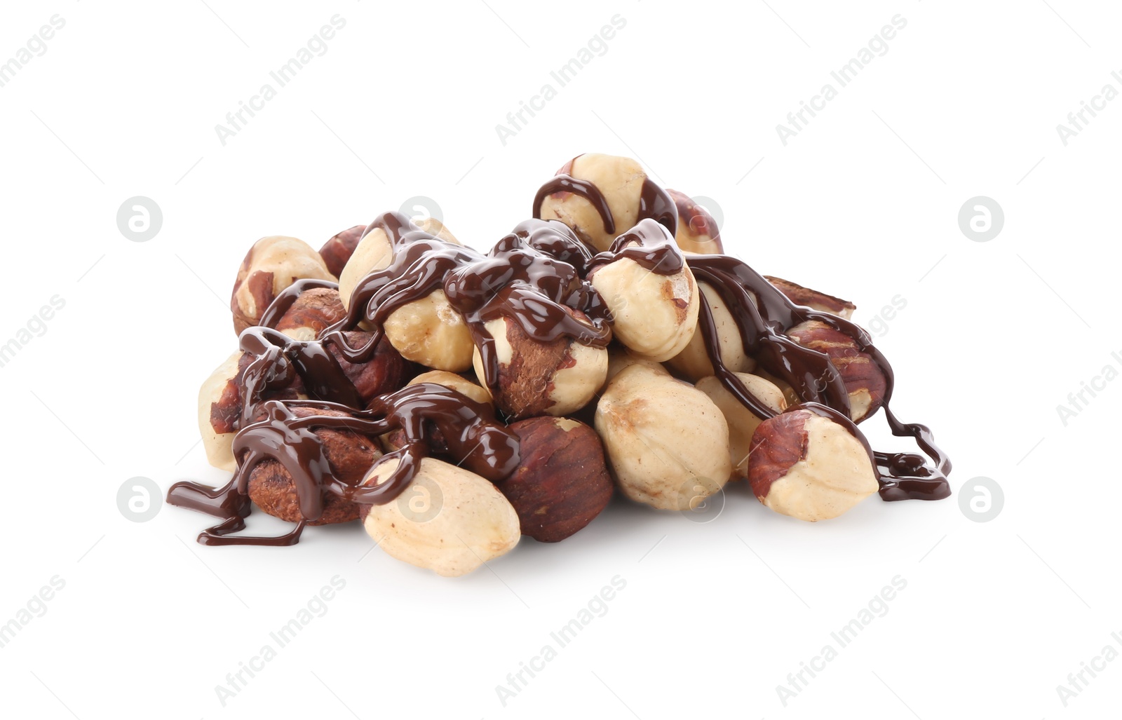 Photo of Hazelnuts with melted chocolate isolated on white