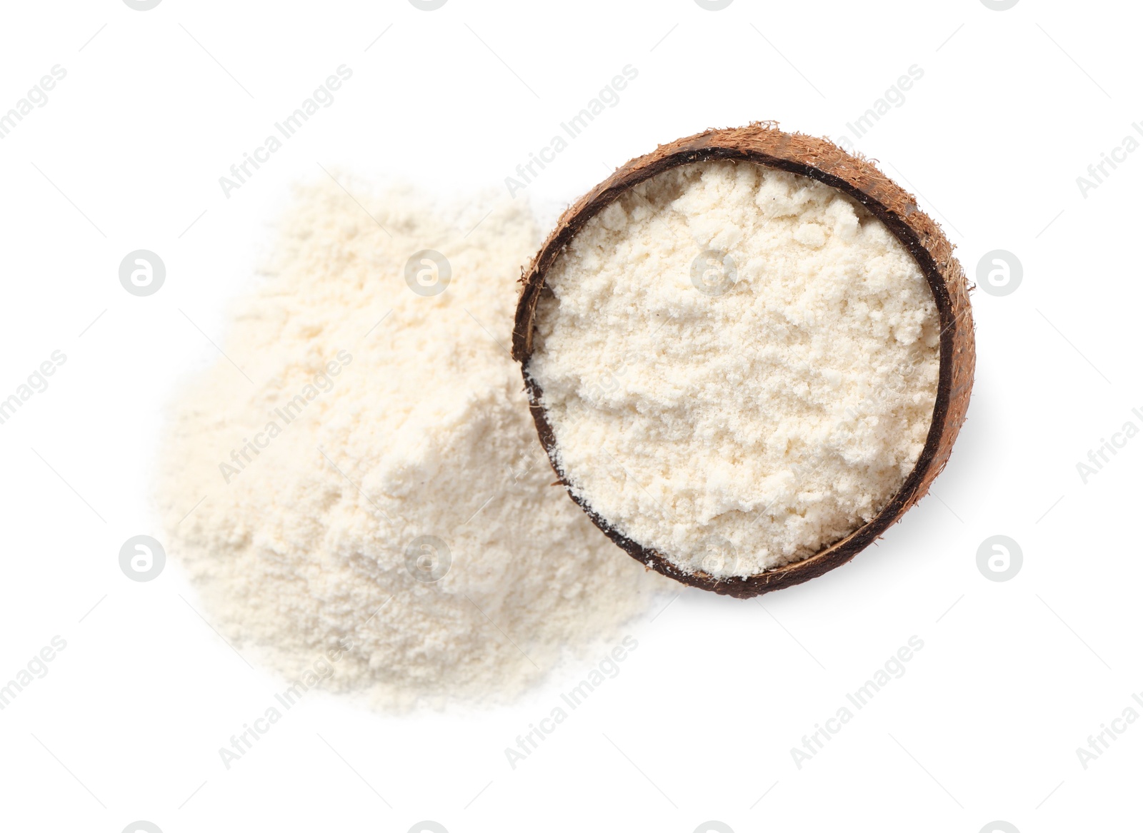 Photo of Fresh coconut flour and nut isolated on white, top view