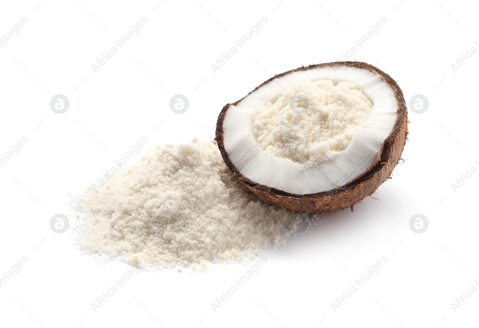 Photo of Fresh coconut flour and nut isolated on white