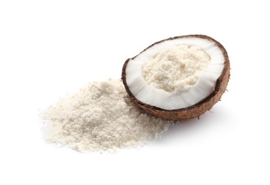 Photo of Fresh coconut flour and nut isolated on white