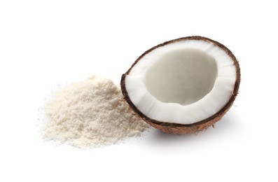 Photo of Fresh coconut flour and nut isolated on white