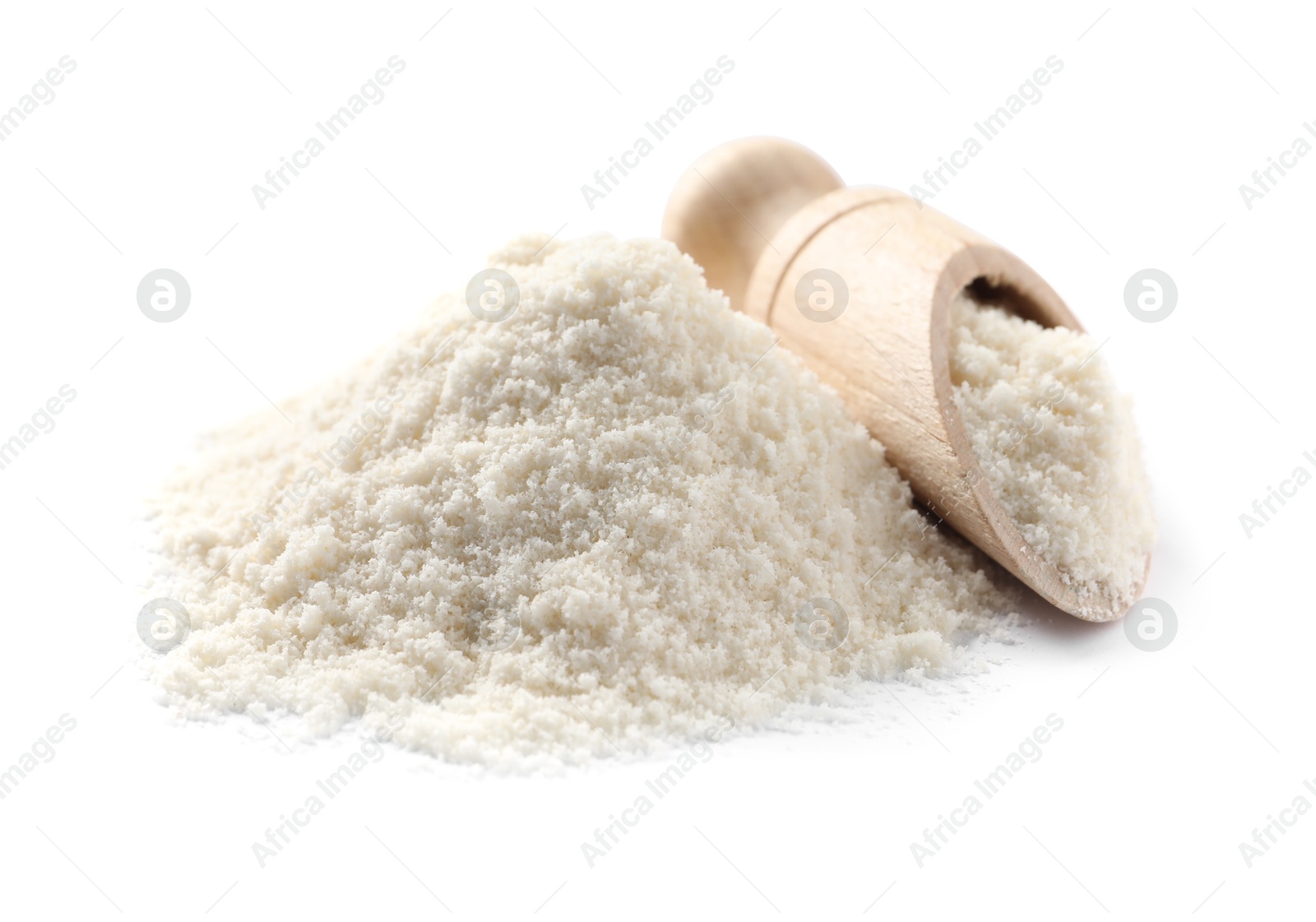 Photo of Fresh coconut flour and scoop isolated on white