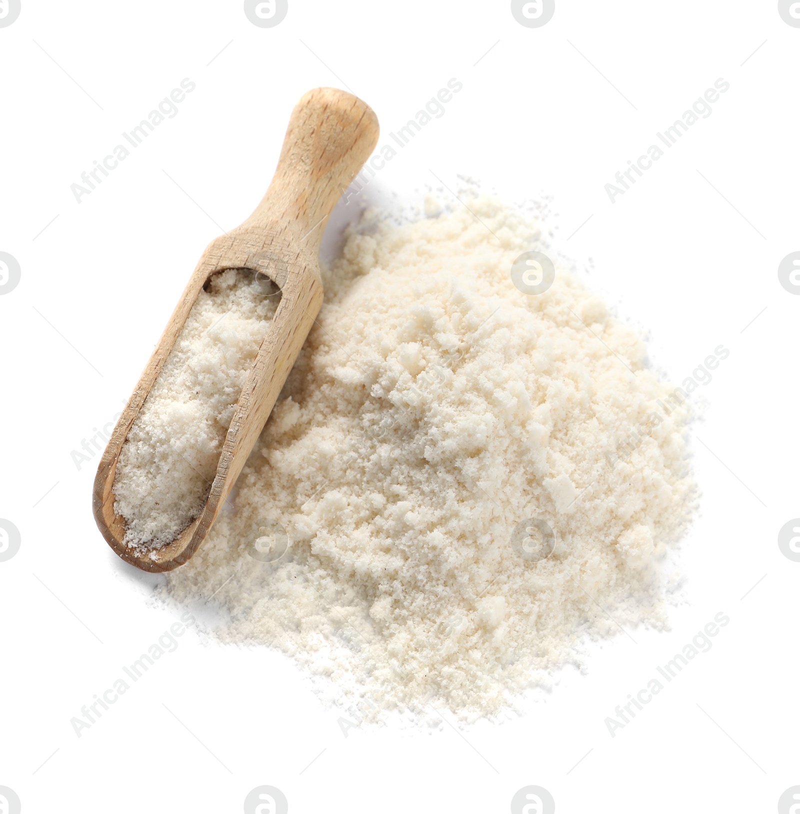 Photo of Fresh coconut flour and scoop isolated on white, top view