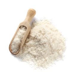 Photo of Fresh coconut flour and scoop isolated on white, top view