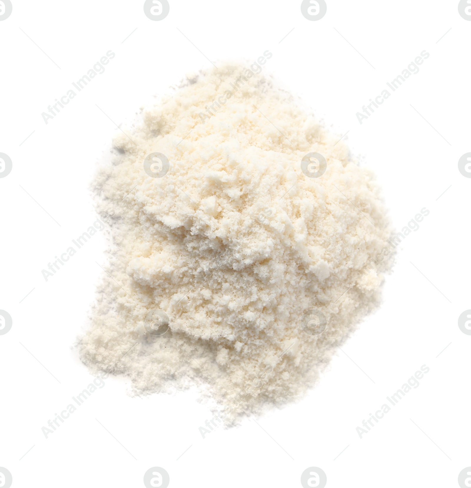 Photo of Heap of coconut flour isolated on white, top view