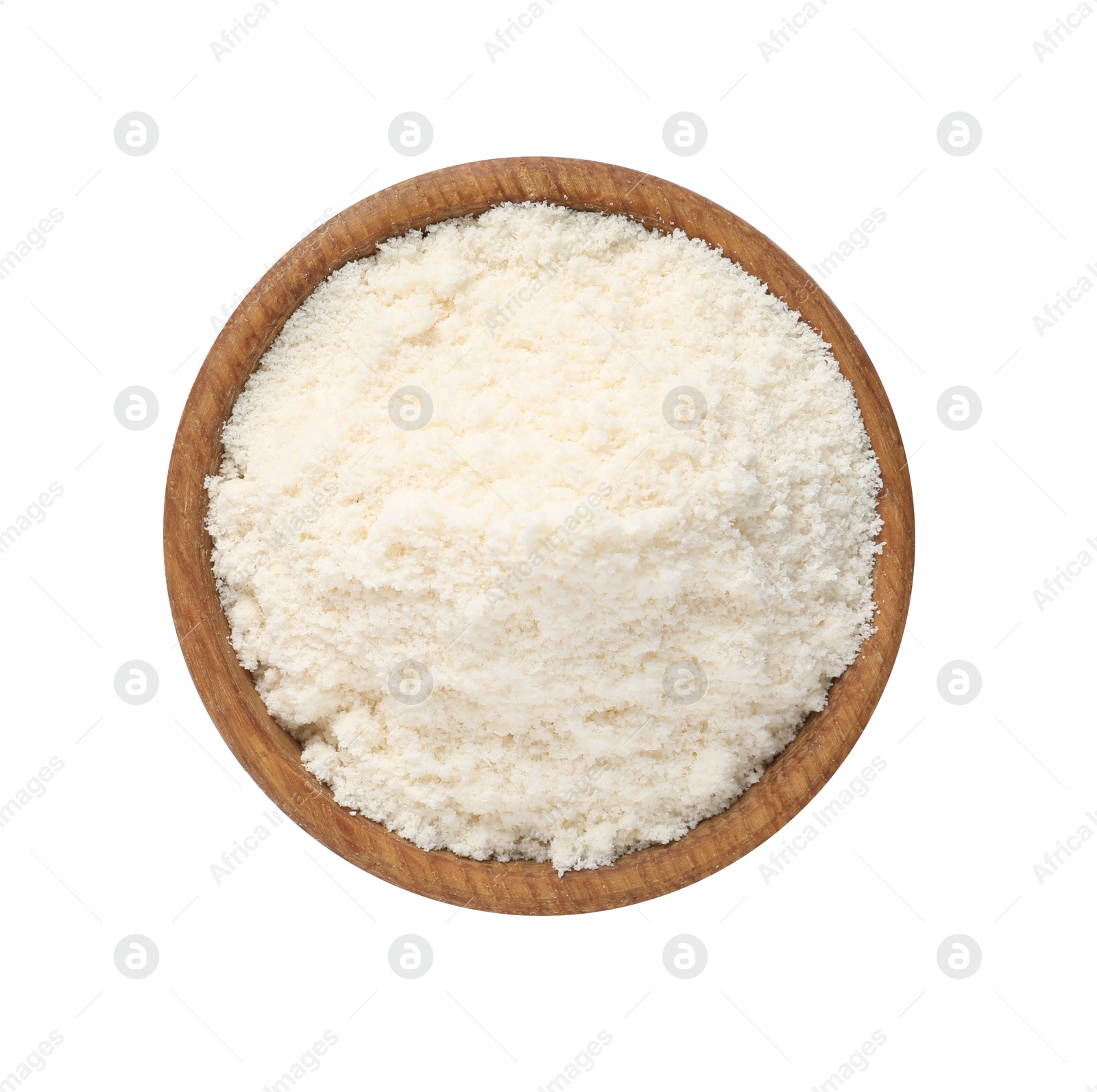 Photo of Fresh coconut flour in bowl isolated on white, top view