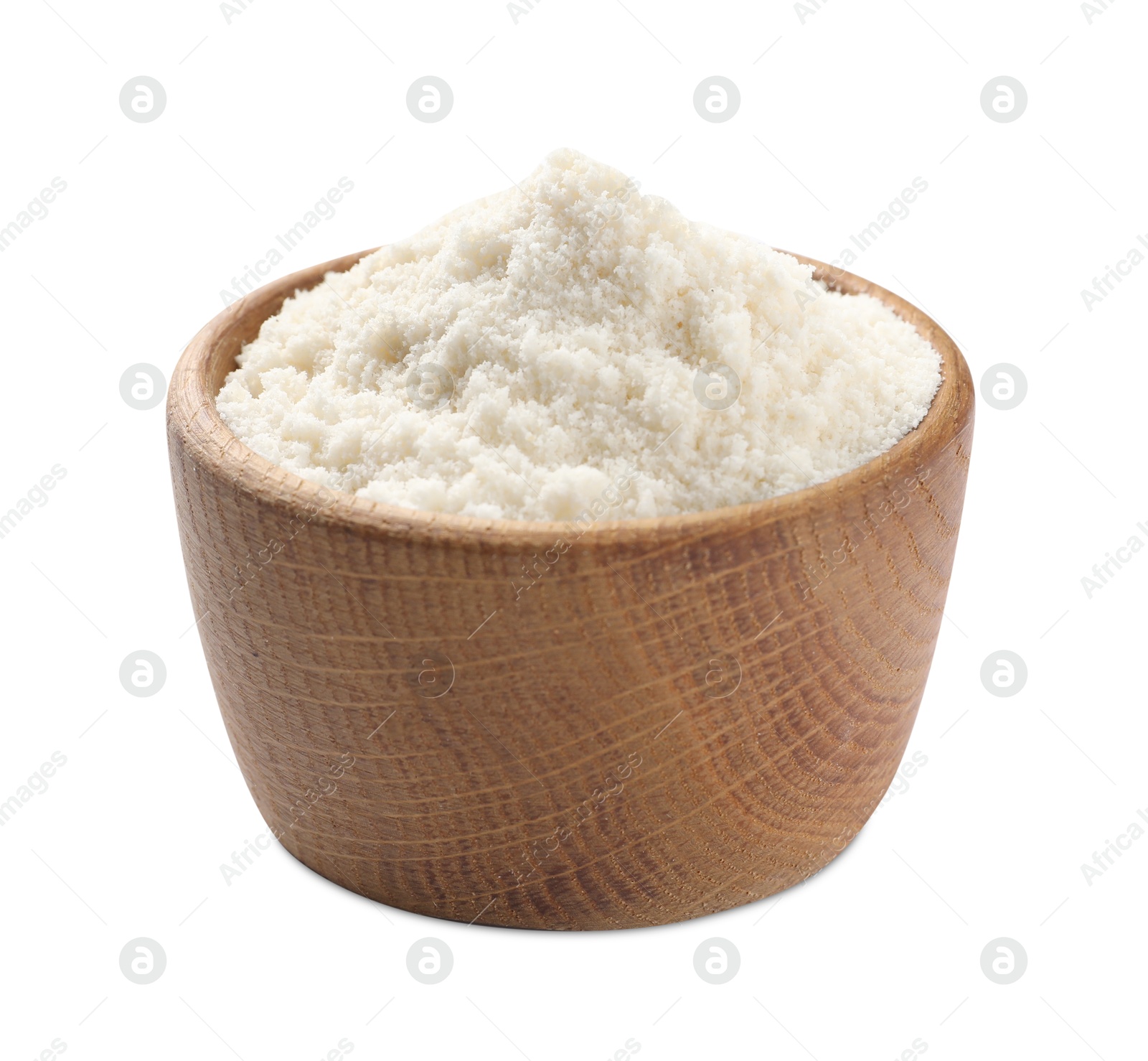 Photo of Fresh coconut flour in bowl isolated on white