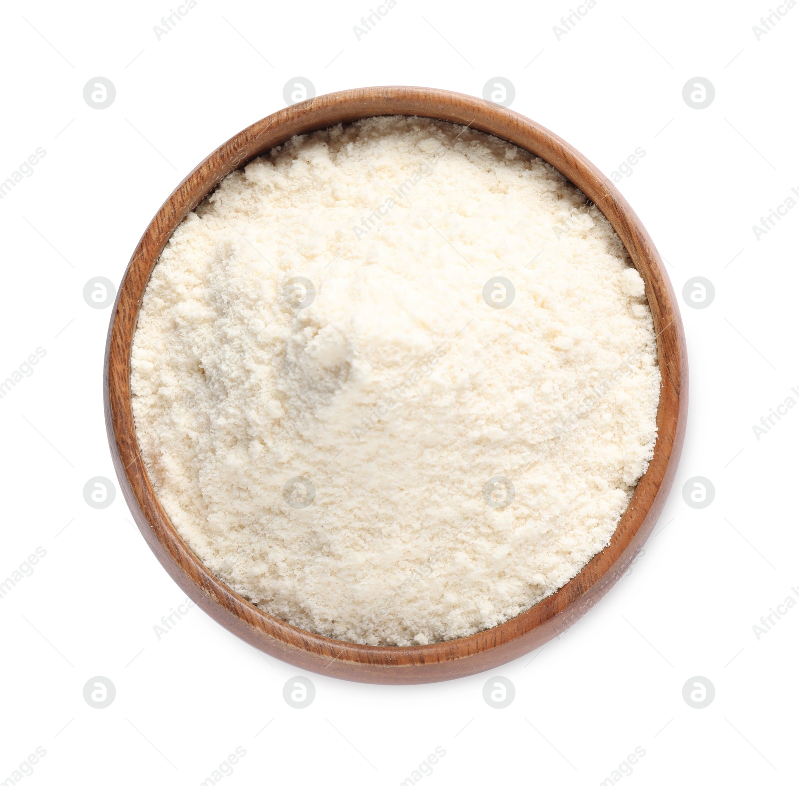 Photo of Fresh coconut flour in bowl isolated on white, top view