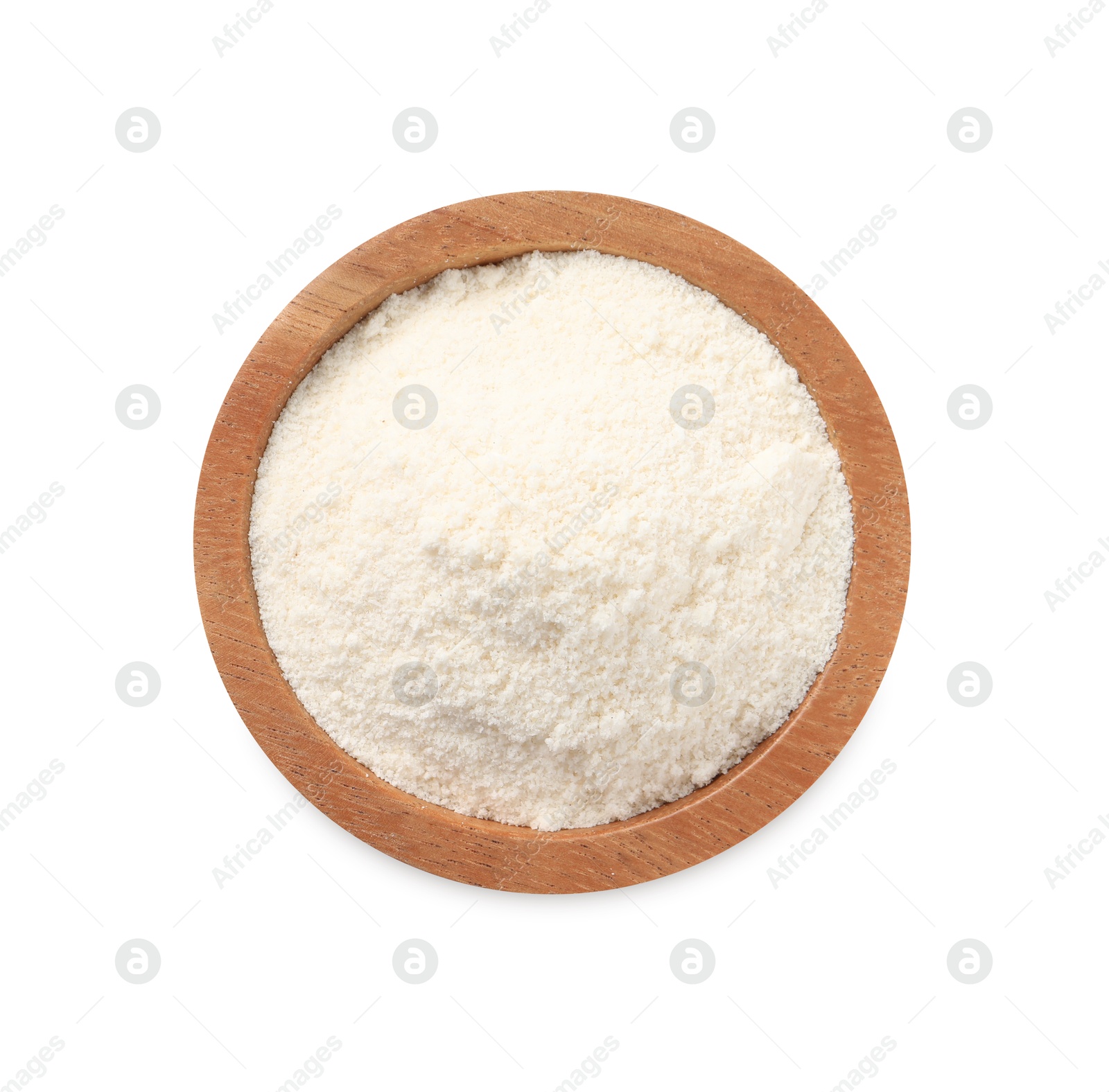 Photo of Fresh coconut flour in bowl isolated on white, top view