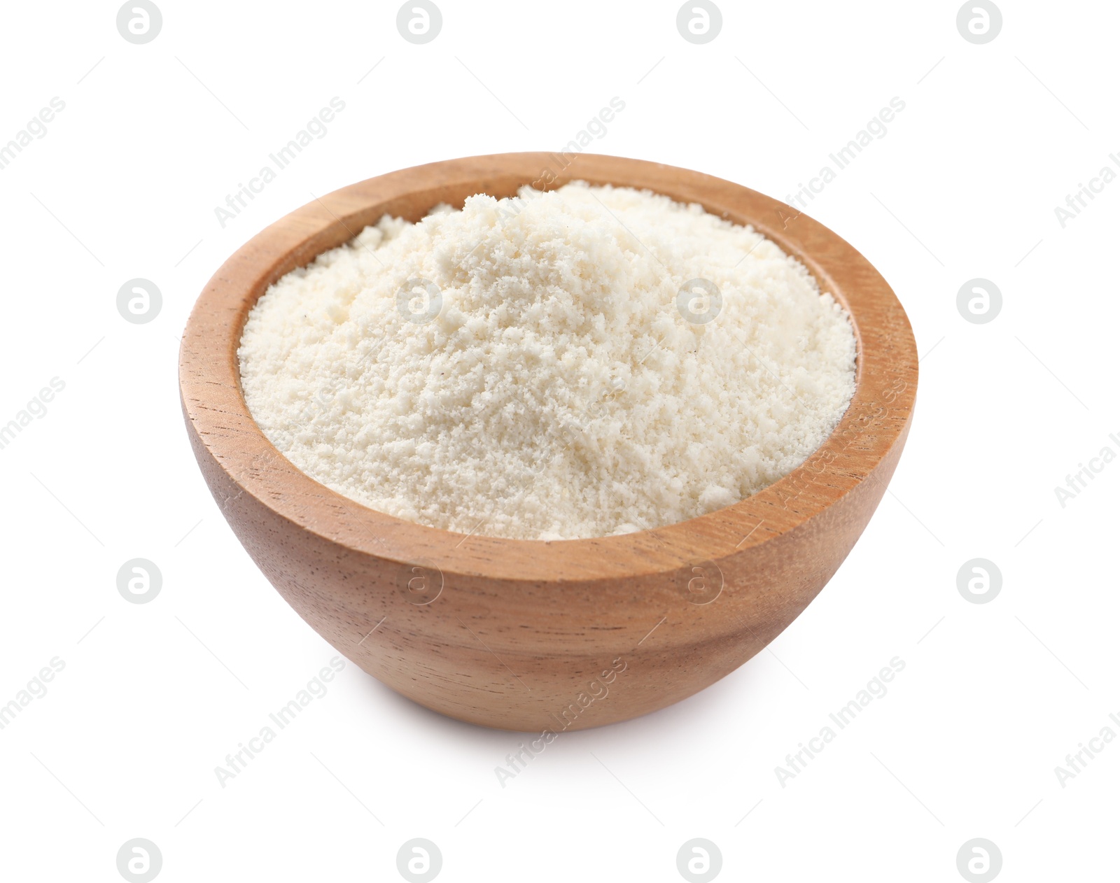 Photo of Fresh coconut flour in bowl isolated on white