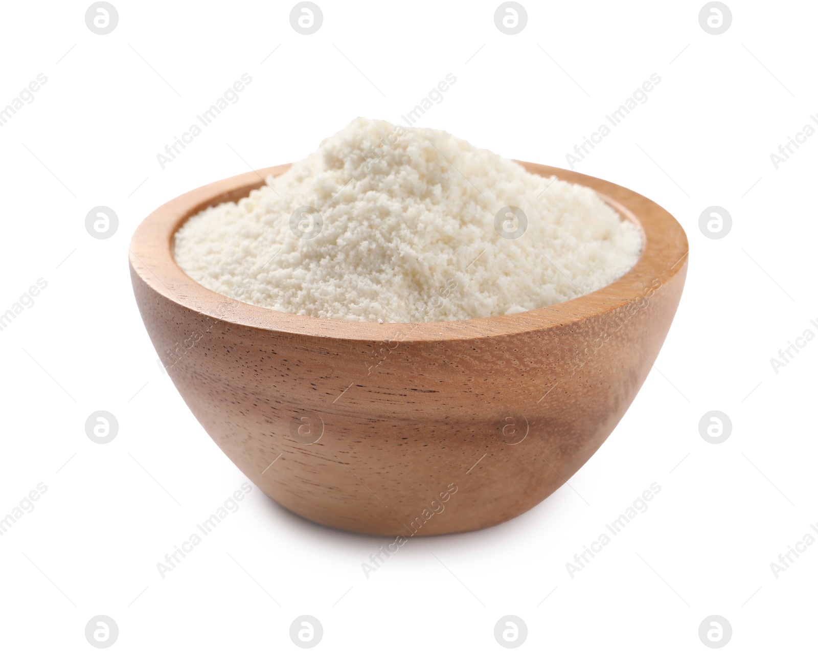 Photo of Fresh coconut flour in bowl isolated on white