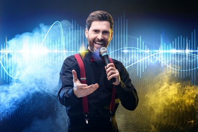 Emotional man with microphone singing in color lights. Audio waveform near him