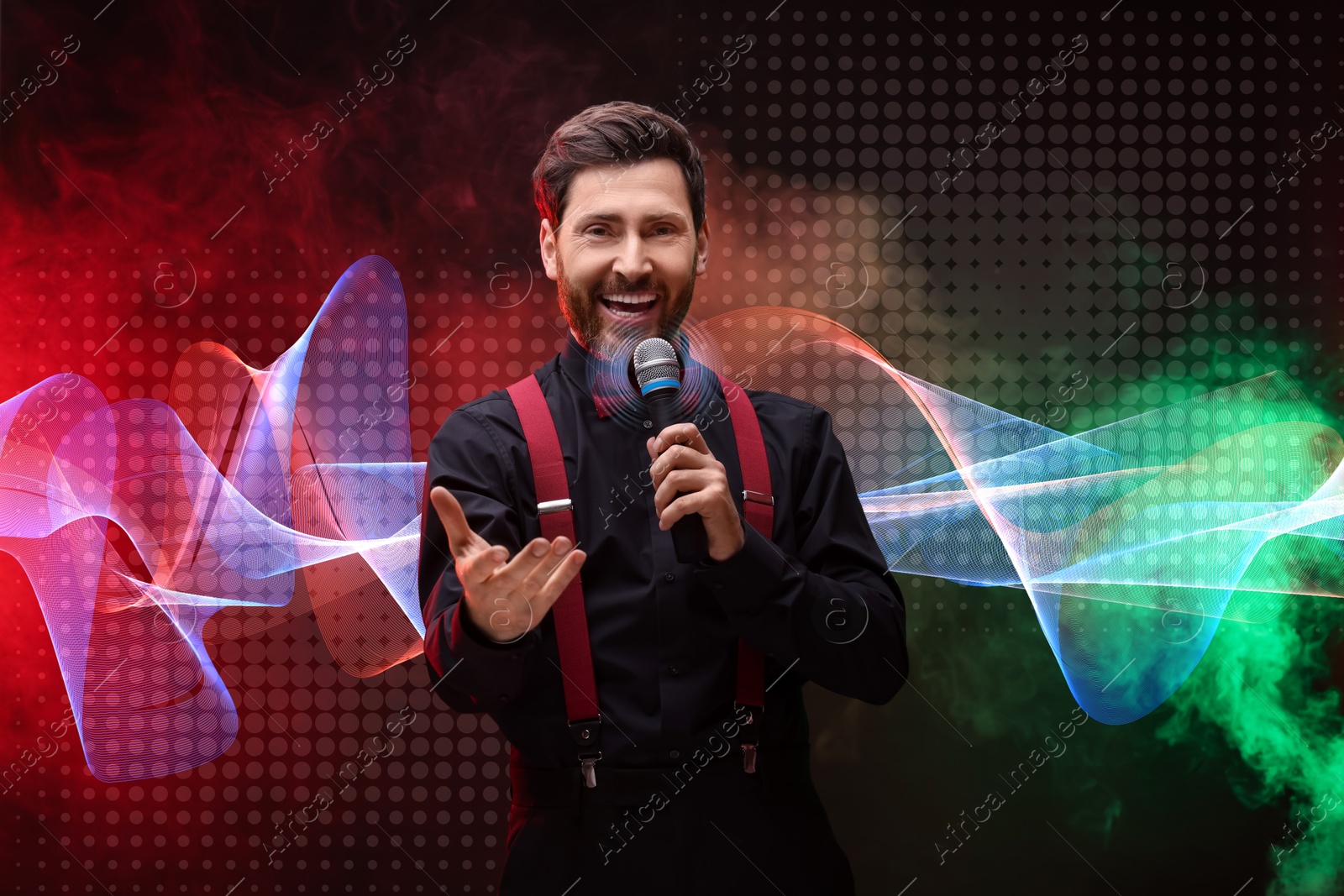 Image of Emotional man with microphone singing in color lights. Audio waveform near him