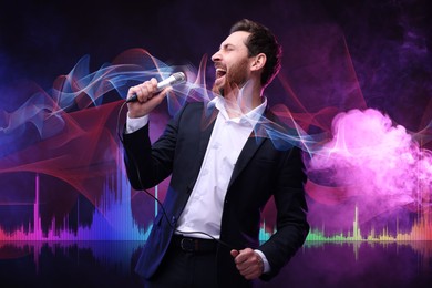 Emotional man with microphone singing in color lights. Audio waveforms near him