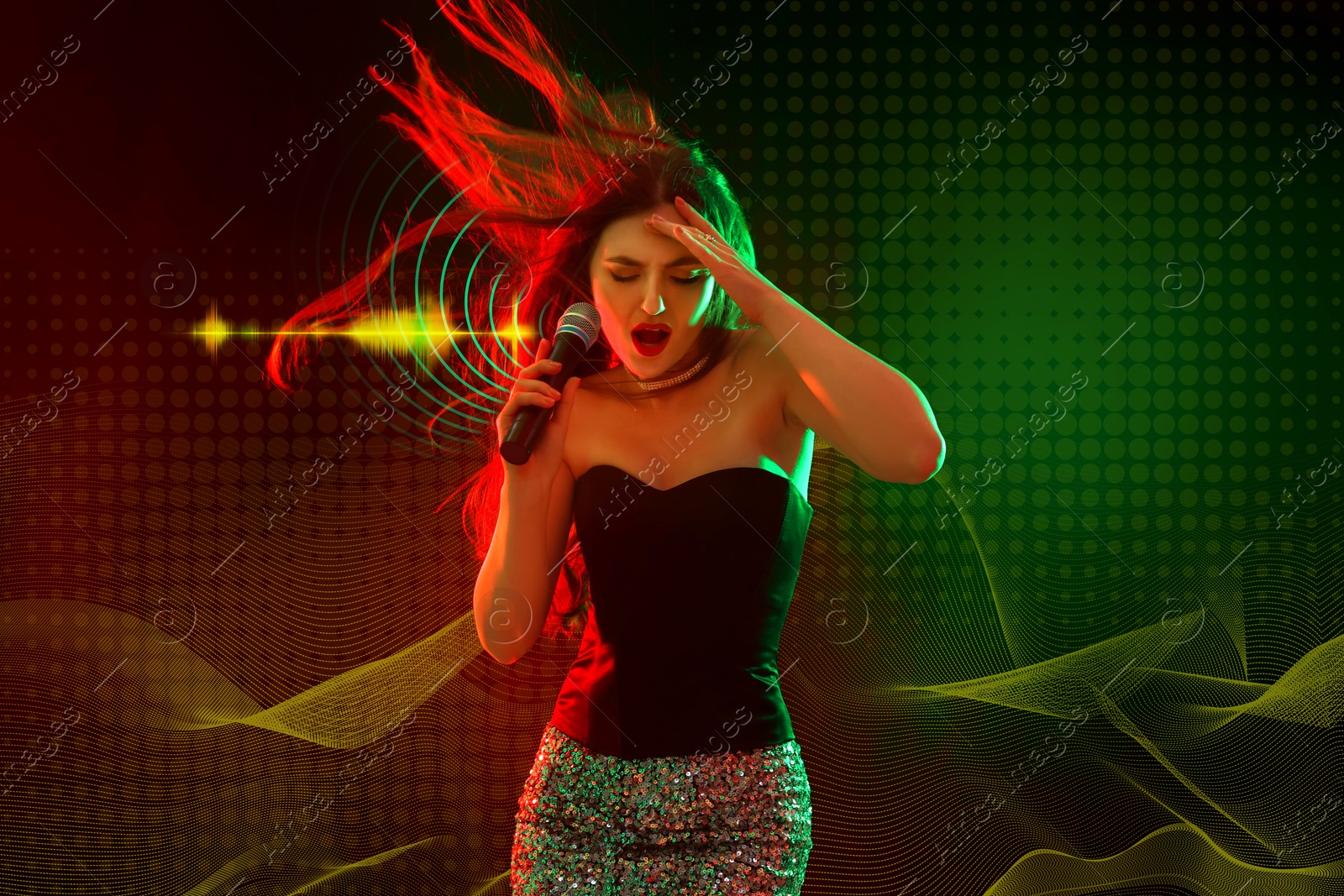 Image of Woman with microphone singing in color lights on dark background. Audio waveforms near her