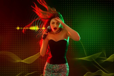 Image of Woman with microphone singing in color lights on dark background. Audio waveforms near her