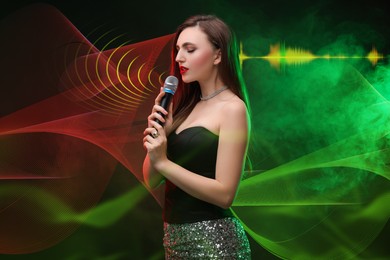 Beautiful woman with microphone singing in color lights on dark background. Audio waveforms near her