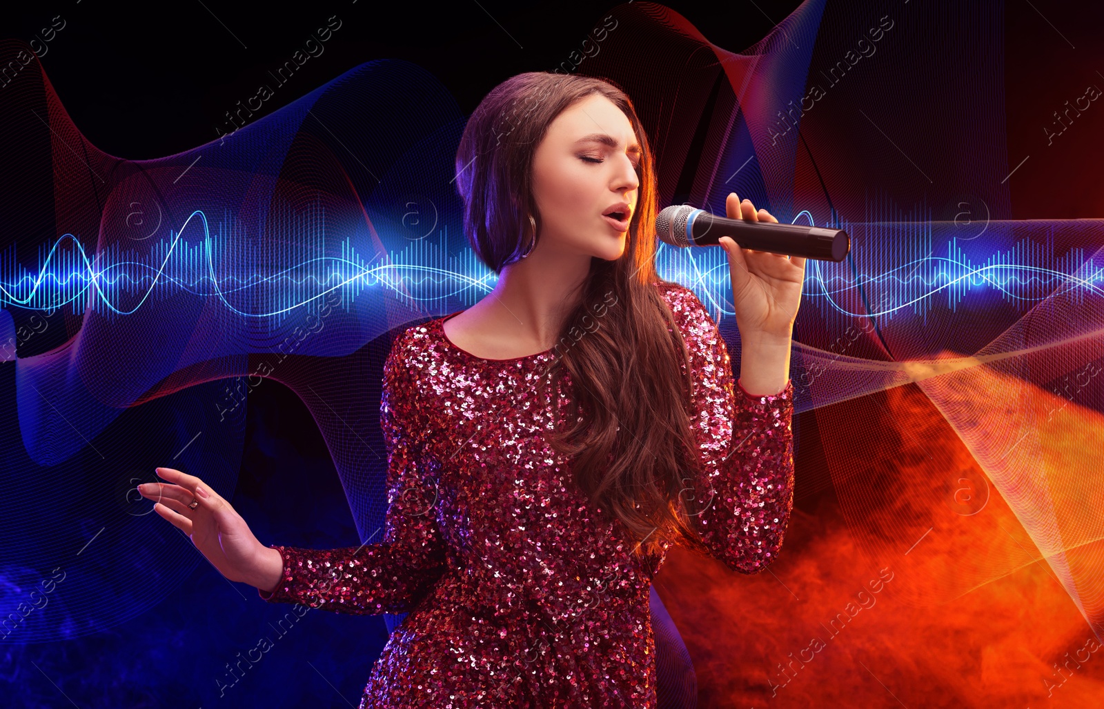 Image of Woman with microphone singing in color lights. Audio waveforms near her