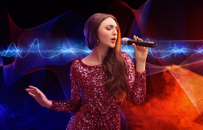 Woman with microphone singing in color lights. Audio waveforms near her