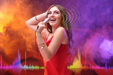 Woman with microphone singing in color lights. Audio waveforms near her