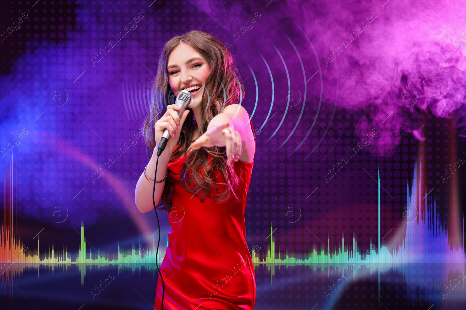 Image of Woman with microphone singing in color lights. Audio waveforms near her