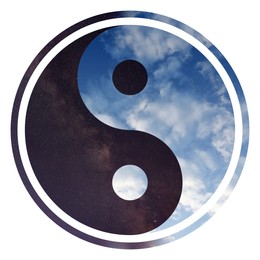 Image of Yin and yang symbol with sky at night and day inside on white background