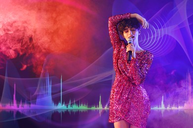 Image of Woman with microphone singing in color lights. Audio waveforms near her