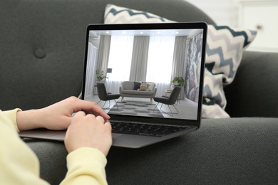 Image of Woman looking for house on real estate market website at home, closeup